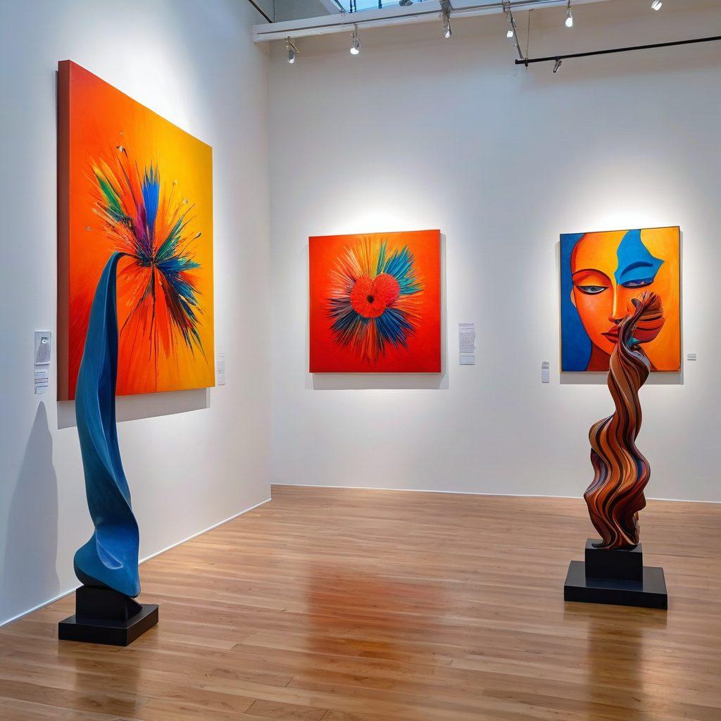 A vibrant art gallery filled with sleek, modern sculptures and colorful paintings, with visitors experiencing joy as they explore the space. The atmosphere is bright and inviting, showcasing a variety of artistic styles and textures. Soft, natural light filters through large windows, highlighting the beauty of the collections. Paintings on the walls reflect themes of happiness and creativity. super-realistic. vibrant colors. minimalistic background.