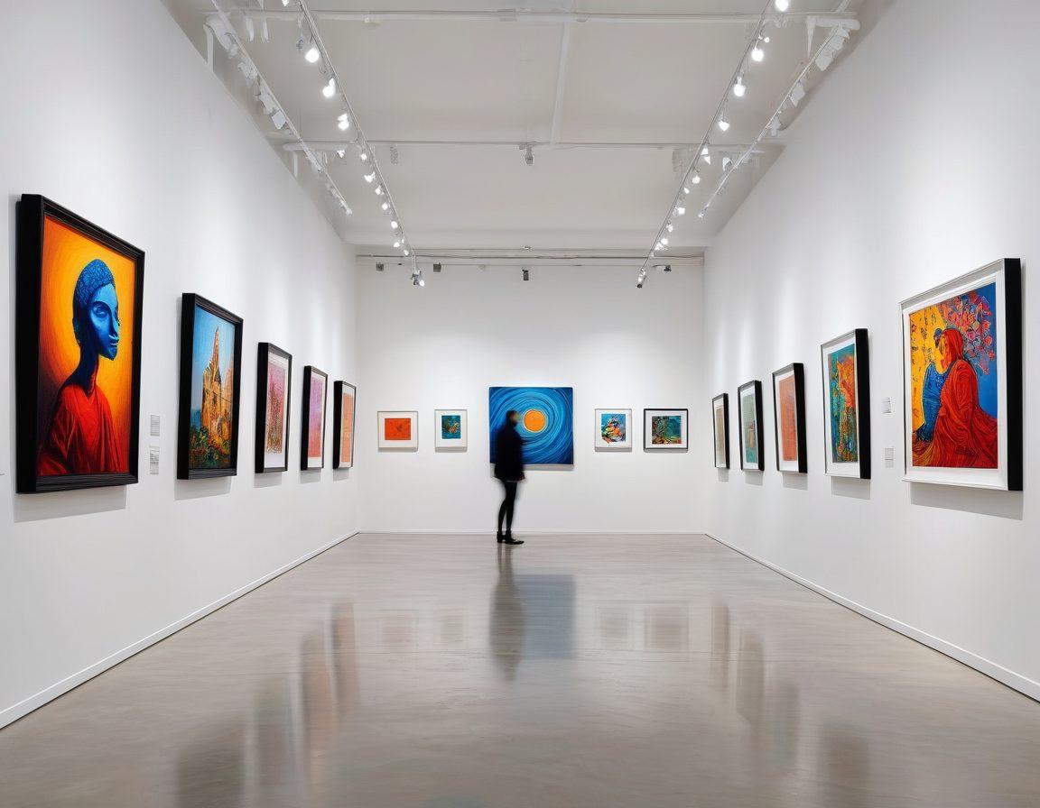 A modern exhibition space showcasing a blend of digital and traditional art collections, with diverse artworks displayed on sleek white gallery walls. Spotlights illuminate vibrant pieces, while visitors interact with interactive digital installations and classic paintings. Include elements of joy and discovery, such as smiling faces and thoughtful expressions. The atmosphere should evoke a sense of creativity and exploration. super-realistic. vibrant colors. white background.