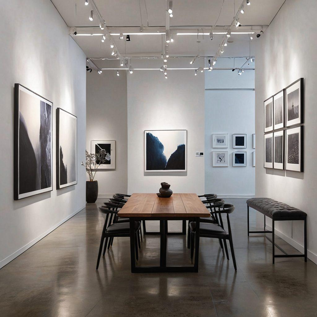 A captivating gallery interior filled with sleek, modern art pieces displayed against minimalist white walls. Soft, warm lighting casts gentle shadows, highlighting the unique textures and colors of the artwork. Visitors of diverse backgrounds are engaged in thoughtful conversations while admiring the art. The atmosphere exudes tranquility and inspiration, creating a visual journey through aesthetics. super-realistic. vibrant colors. soft lighting.